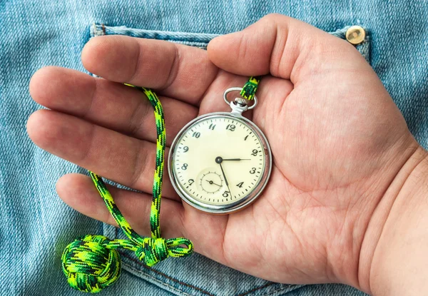 Pocket watch lying on his hand