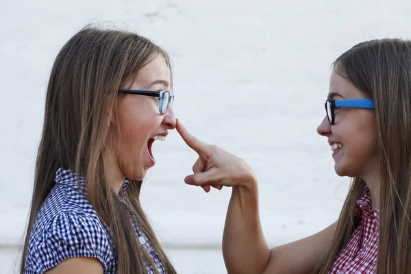 People, emotions, two happy young sisters twins