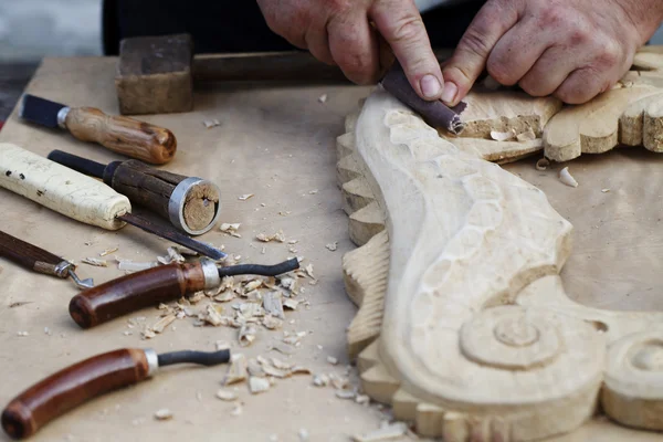 Wood carvings, tools and processes work closeup