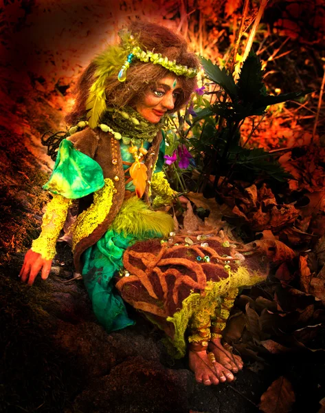 Earth fairy doll figure sitting on stone in woodland