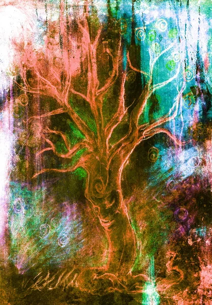 Drawing of a spiritual tree with face on abstract background