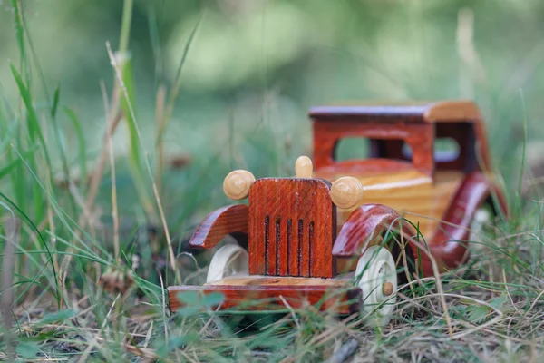 Small wooden toy car in forest