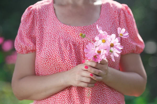 Woman hands holding a flower in green meadow