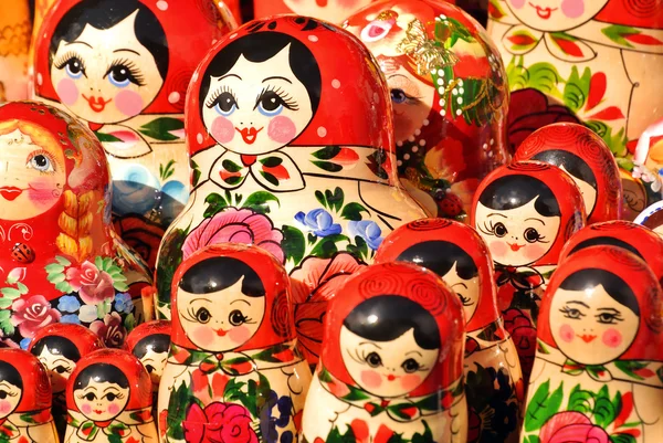 ST. PETERSBURG, RUSSIA - 14 July, 2016: Russian souvenirs. Russian wooden nesting dolls matryoshkas are displayed at a souvenirs market in Saint Petersburg
