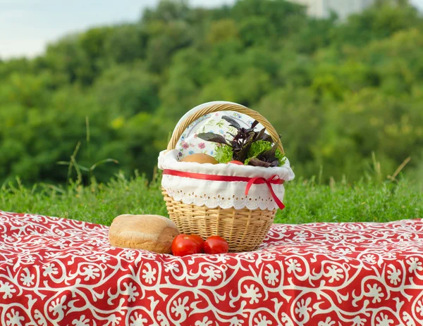 Decorated picnic basket with plate, buns and bunch of basil and salad, tomatoes on red tablecloth, green landscape