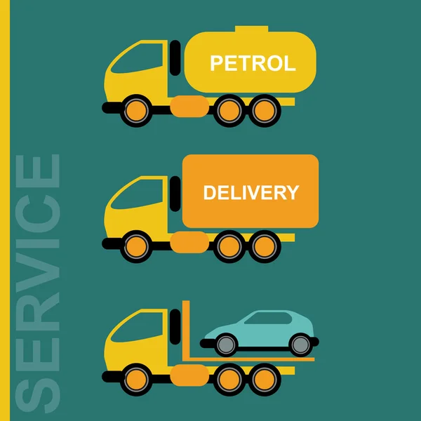 Delivery Cars. Petrol transportation truck. Car transporter. Various freighter automobiles. Isolated objects on green backdrop. Vector digital illustration.