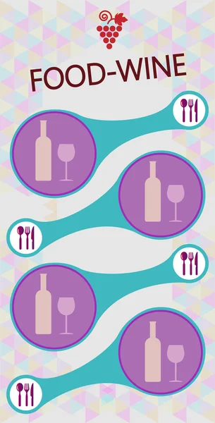 Food and wine info graphic, bottle and glass with spoon, fork and knife over silver background. Digital vector image.