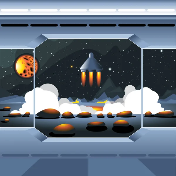 Spacecraft interior view and window to space and sun. Spaceship launch from a planet with rocks. Digital vector image.