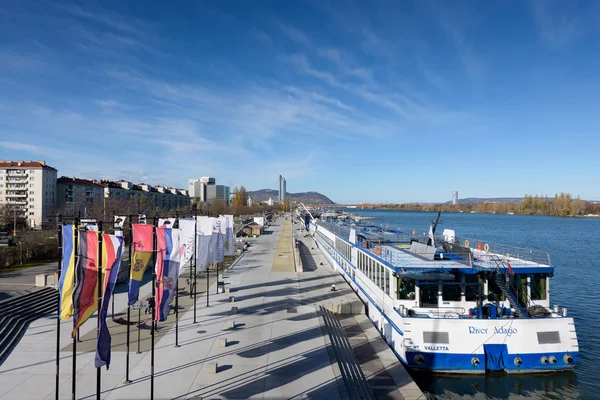 VIENNA, AUSTRIA - NOVEMBER 14, 2015: Danube river view with ferryboat in Vienna