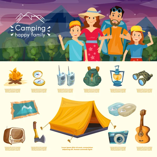 Camping family infographics cartoon hiking and outdoor