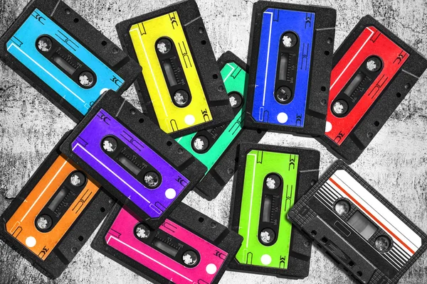 Old audio cassette. Multicolored audio tapes