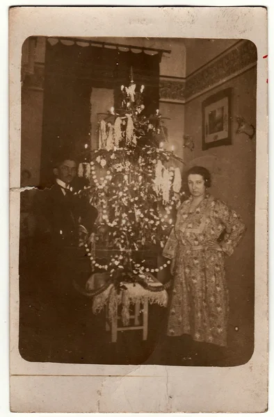 Vintage photo shows elderly couple next to the Christmas tree. Black & white antique photo.