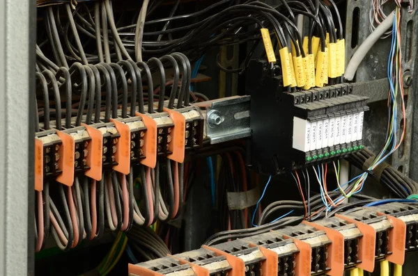 Connection of electrical wires (phase conductors) in electrical distribution board.