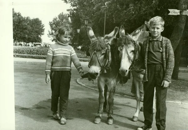 Retro photo shows children with donkeys in the park. Vintage black & white photography.