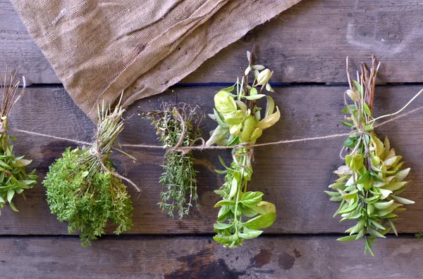 The bunches of herbs on wooden background