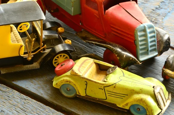 Set of vintage toys - convertible toy car, trucks (lorries) toy, post car toy