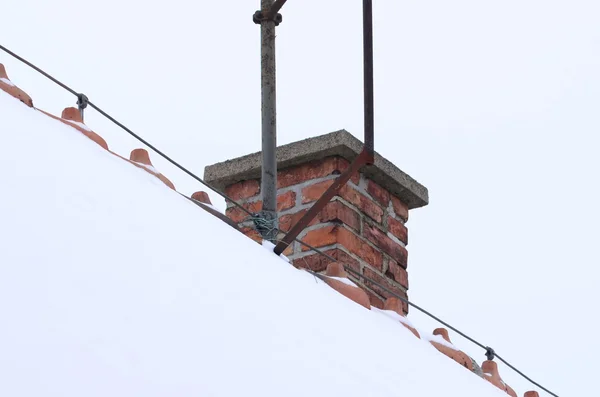 Snow-covered roof with red chimney.