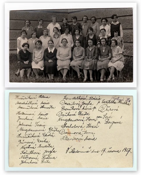Front and back of vintage photo shows a group of girls (classmates) in front of school