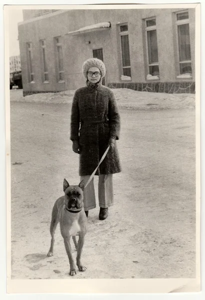 Vintage photo shows woman walks the dog.