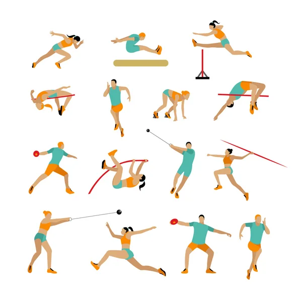 Vector set of people in sport poses. Track and field athletic contest concept. Sportsman flat icons isolated on white background