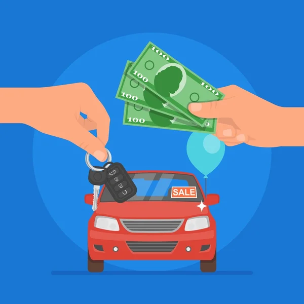 Car sale vector illustration. Customer buying automobile from dealer concept. Salesman giving key to new owner.