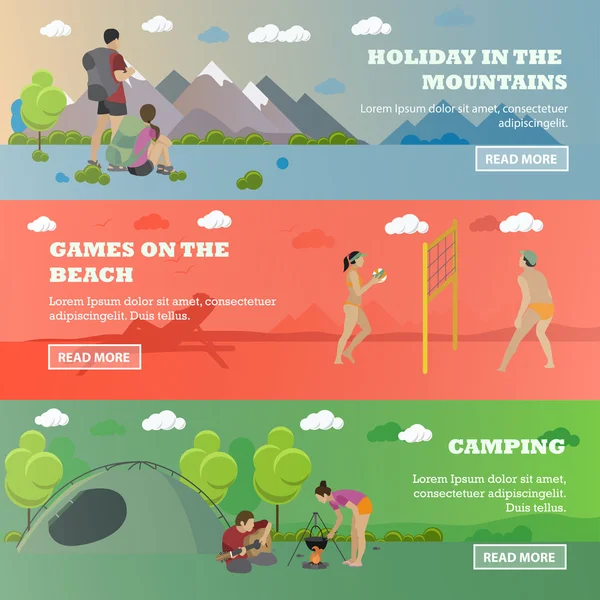Vector set of summer recreation concept banners in flat style. Beach volleyball, forest camping, mountain hiking