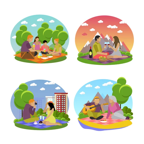 Vector illustration of summer recreation. Family picnic and camping in a park flat icons