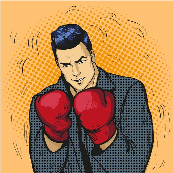 Man in boxing gloves vector illustration in comic pop art style. Businessman ready to fight and protect his business concept