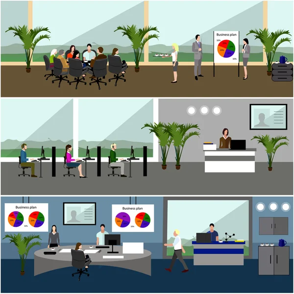 Flat design of business people or office workers. Business presentation and meeting. Office interior.