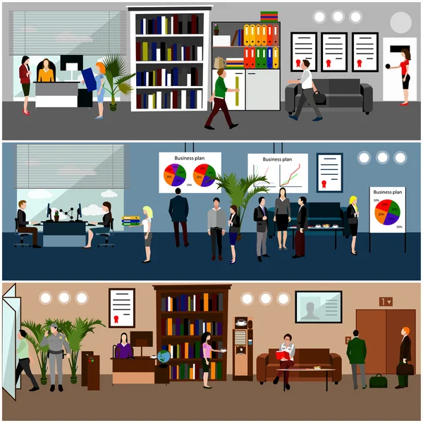 Flat design of business people or office workers. Presentation and meeting. Office interior.