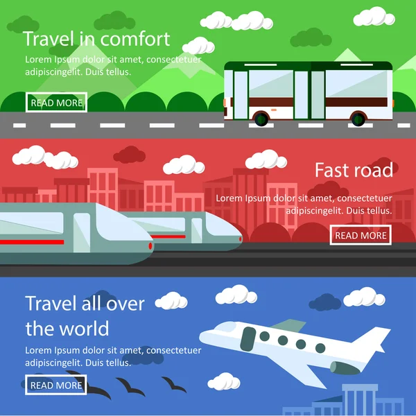 Set of transportation banners in flat design. Logistics and delivery concept vector. Bus, train, air transport