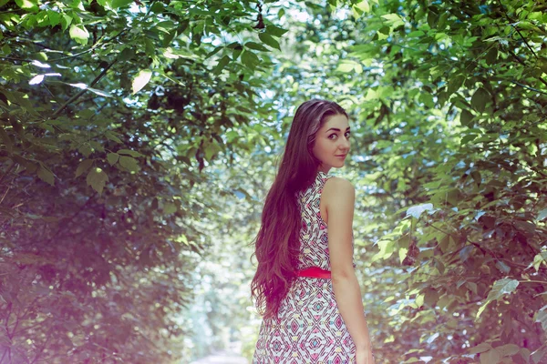 Beautiful long hair brunette on the plein air