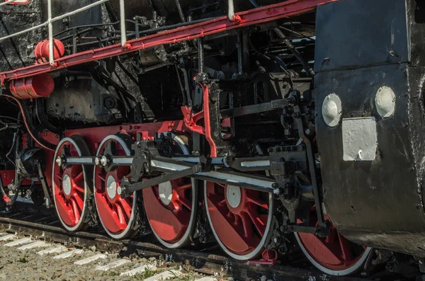 The leading wheels of a steam locomotive