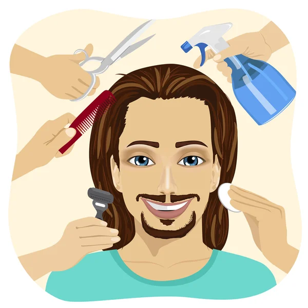 Male face and many hands making different beauty salon services