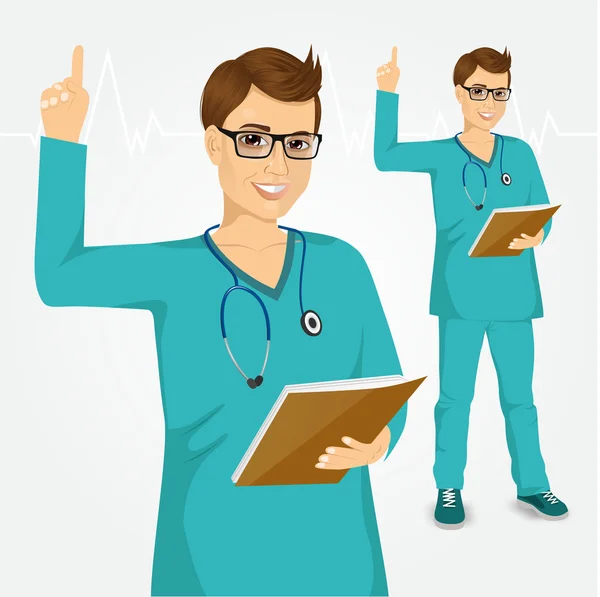 Nurse or doctor with glasses pointing
