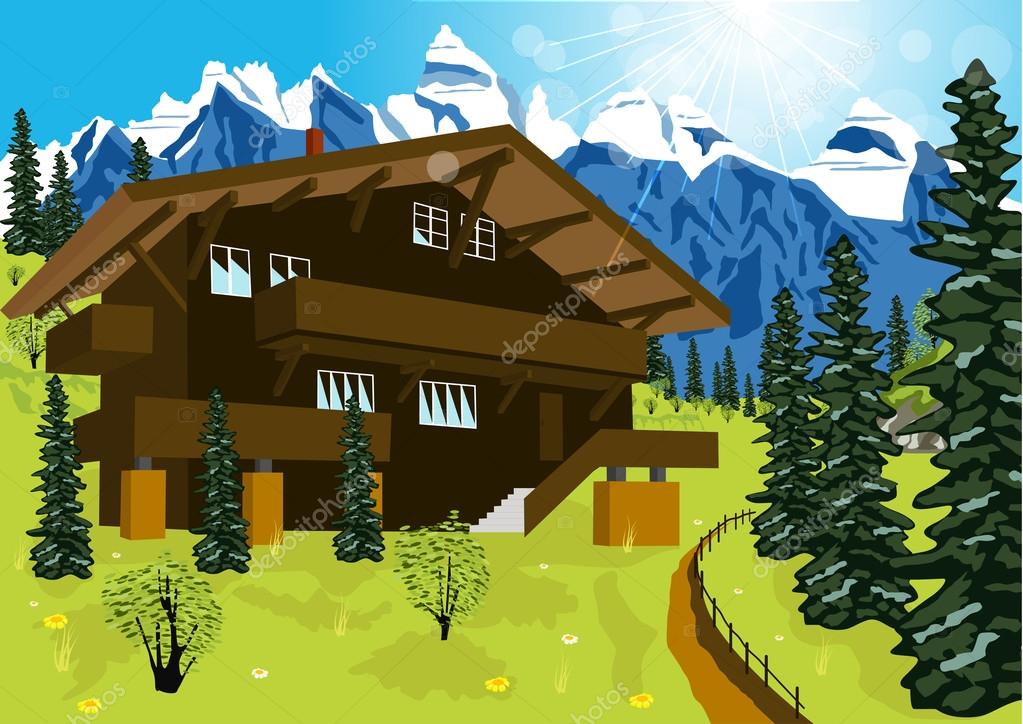 Chalet in legno in montagna alpi al paesaggio rurale di estate ... Chalet in montagna