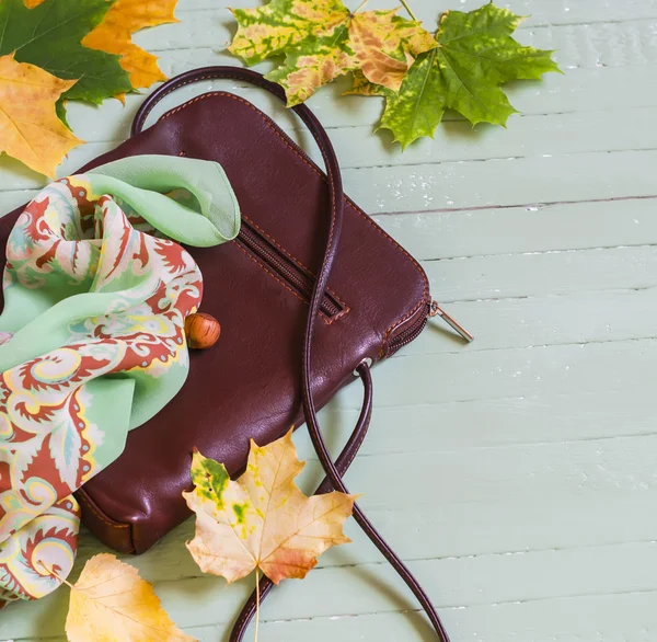 Women's brown leather hand bag, silk neck scarf, bracelet and yellow maple leaves