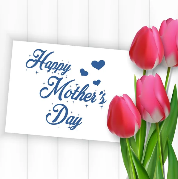 Happy Mothers Day with flowers tulips and paper on wooden background