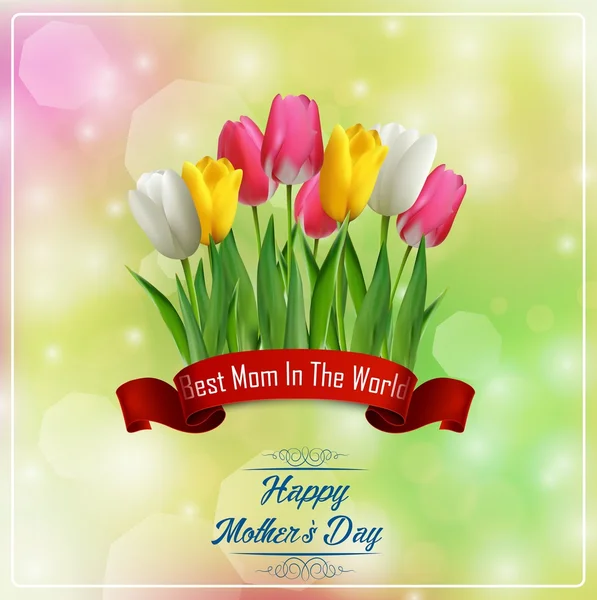 Happy Mothers Day with flowers tulips and red ribbon