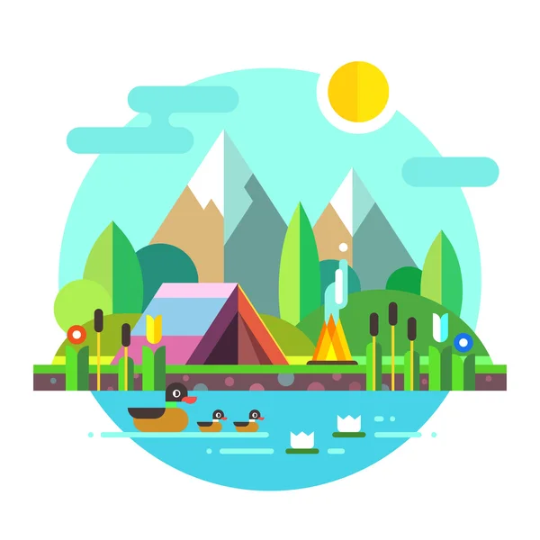 Summer landscape: tent and bonfire in mountains near lake. Solitude in nature by the river. Flowers, ducks. Hiking and camping. Stock vector illustration, style flat.