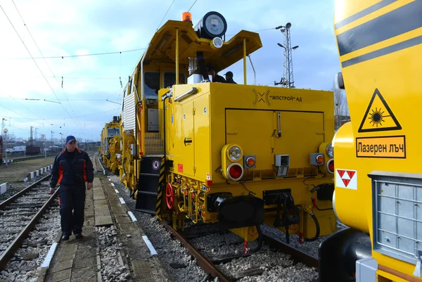 Track construction train on Railway Station in Sofia, Bulgaria Nov 25, 2014