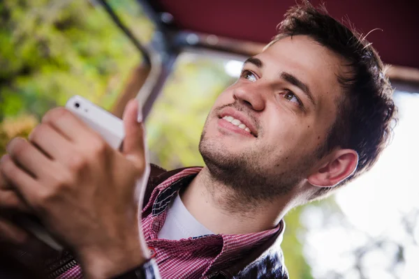Man Smile Using Smart Phone Call, Communication On Line Social Message Near Window