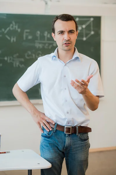 Young teacher near chalkboard in school classroom talking to class