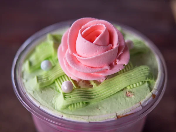 Close Up Of Pink Rose Cupcake Vintage Style.