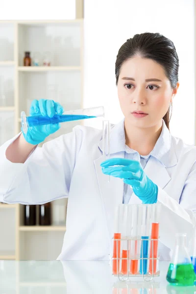 Asian female scientist chemistry researchers observing indicator