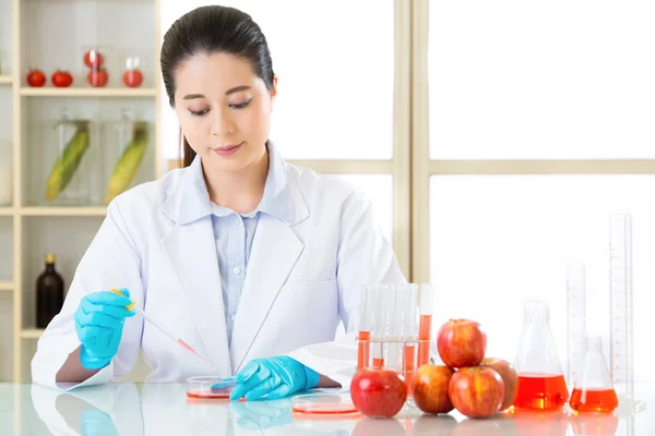 Asian female scientist research for genetic modification solutio