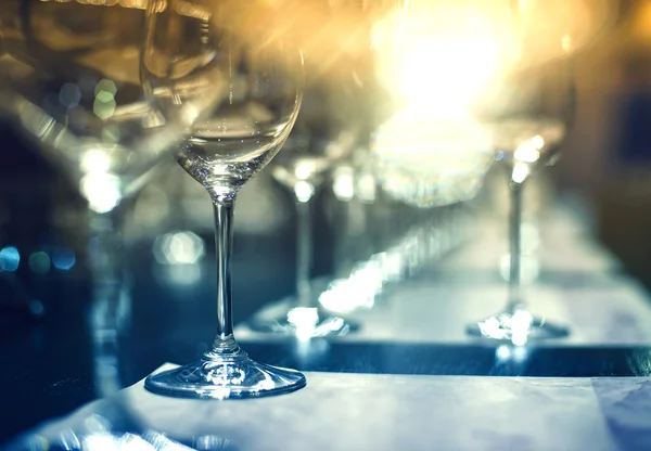 Close up picture of empty glasses in restaurant. Selective focus