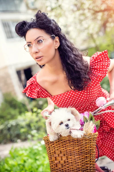 Sexy woman wearing vintage dress. pin-up sitting on bicycle with some colorful flowers and a little dog in the basket in old town
