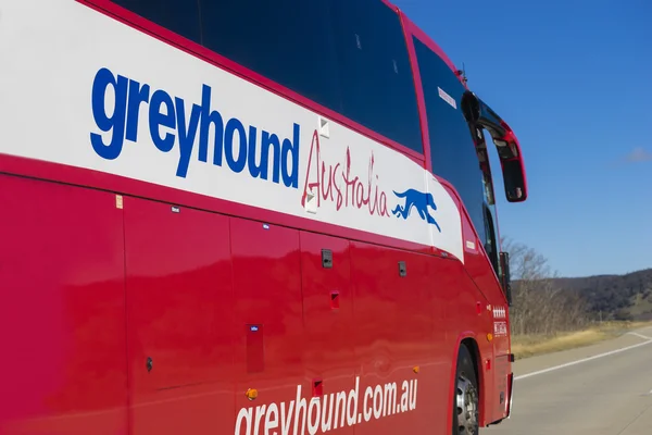 Close-up of Greyhound Australia bus on the road