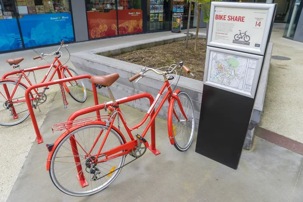 Red bicycles from the Free Bicycle Share Program in Melbourne